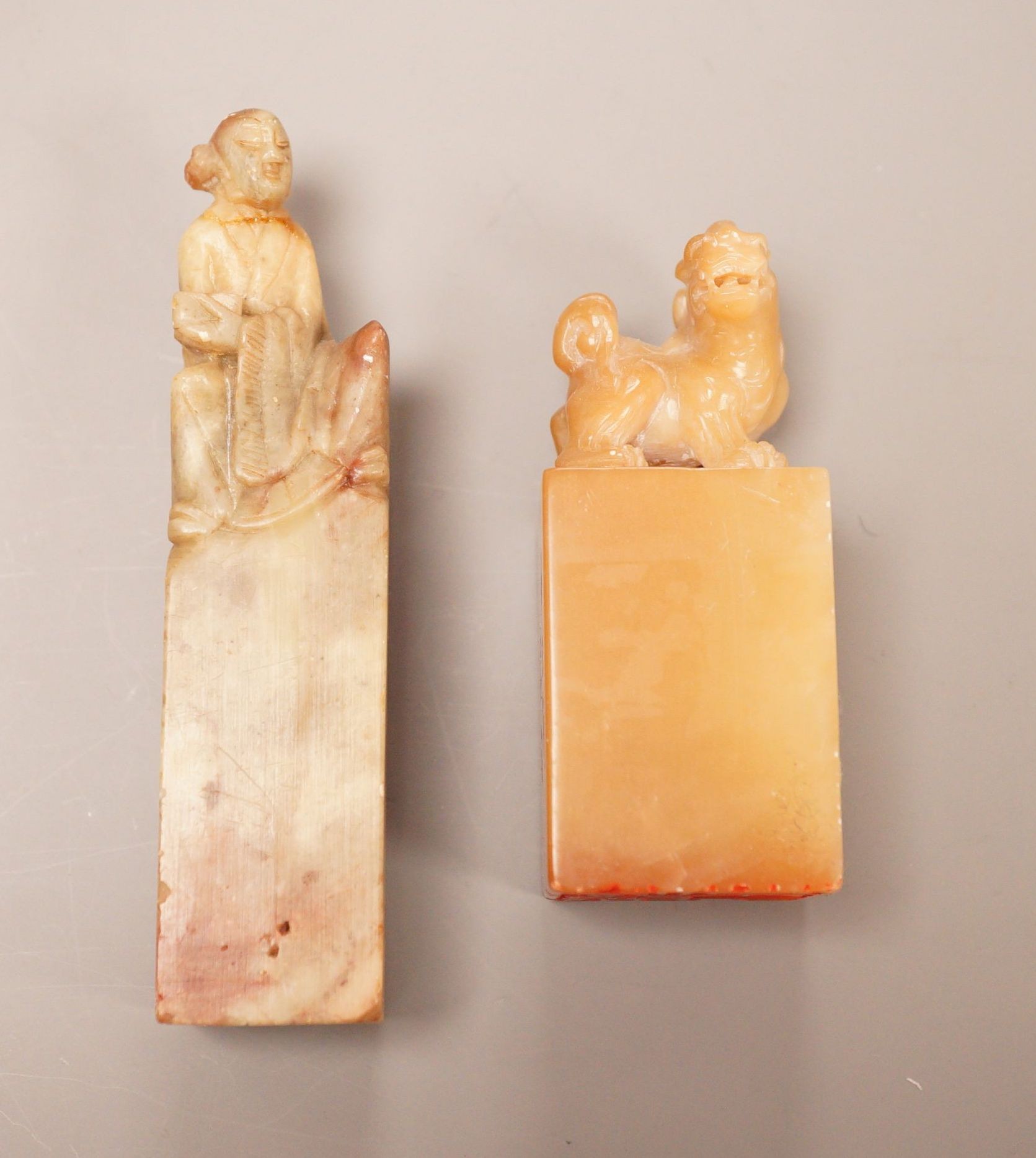 Two Chinese soapstone seals, tallest 10cm